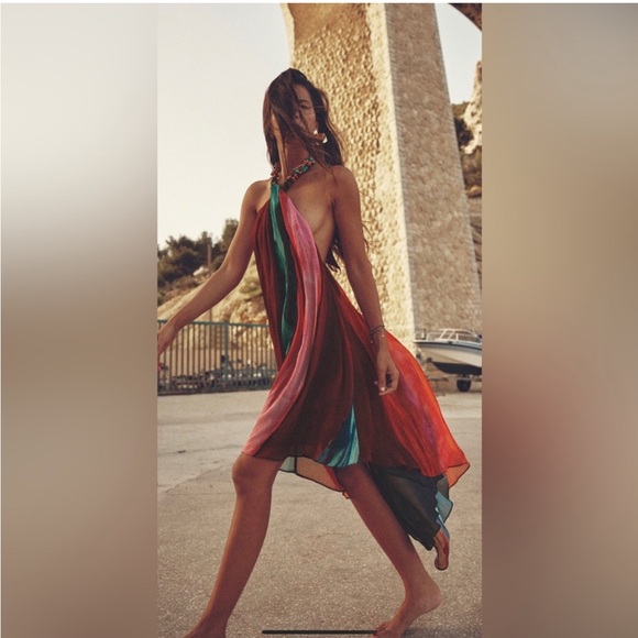 Zara Dresses & Skirts - ZARA Beaded Halter Dress Multi color open back